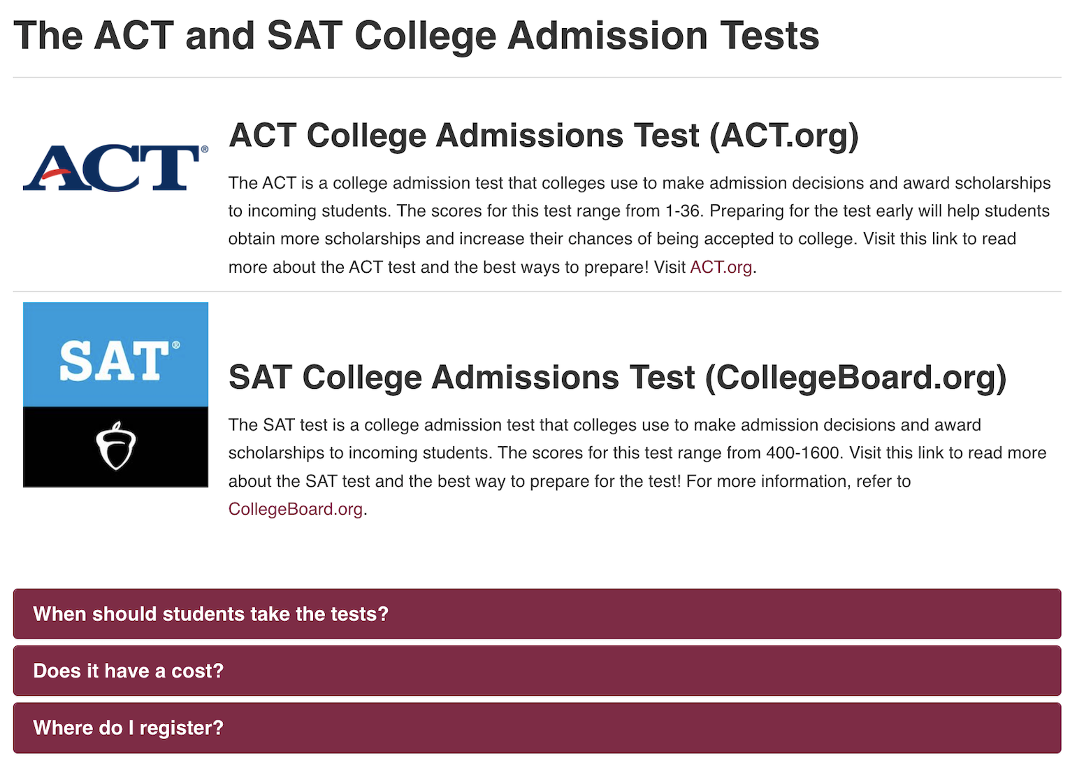 Image of IRD's ACT and SAT Page